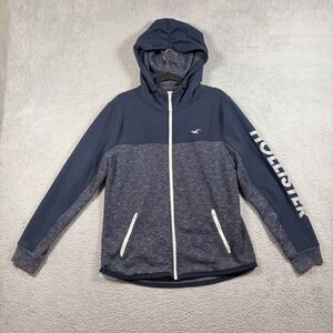 Hollister Men's M Full Zip Hoodie Navy Blue Fleece Jacket Sleeve Logo Zip Pocket